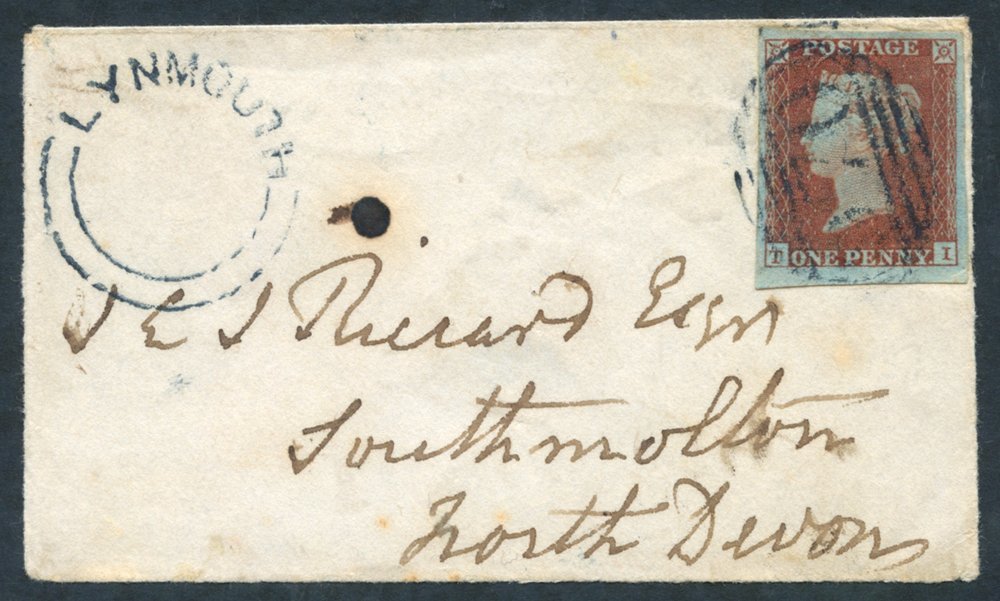 1851 Small Envelope From Lynmouth To Southmolton, Franked 1841 1d Red TI, Large To Huge Margins, Tied By A '970' Barred  - Other & Unclassified
