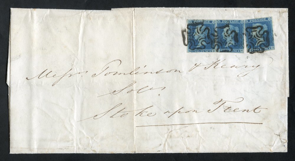 1842 Entire Addressed To Stoke On Trent, Franked 1841 2d Blues Pl.3 QI (four Margins) & QD/QE Pair (cut Into At Base), N - Sonstige & Ohne Zuordnung