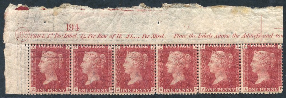 1864 1d Rose-red Pl.163 Upper Left Top Marginal Strip Of Six, Fine O.g (usual Gum Wrinkles) Showing Plate Number & Inscr - Other & Unclassified
