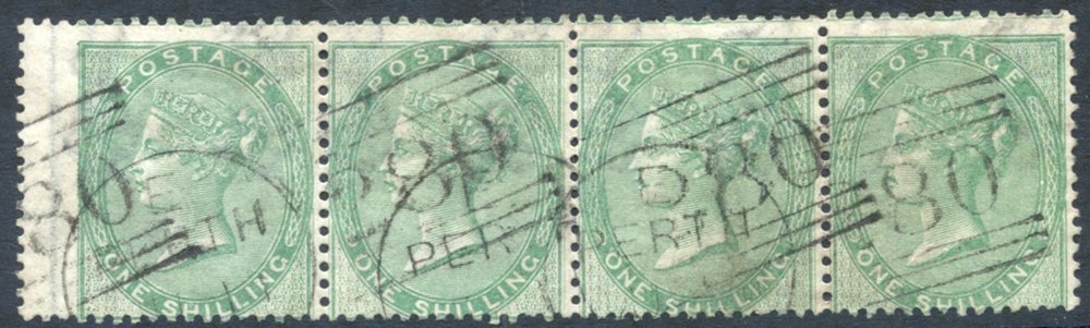 1856 1s Green, Wmk Emblems, VFU Strip Of Four, Cancelled By VF Perth Duplex Pmks, SG.72, Cat. £1400++ - Sonstige & Ohne Zuordnung