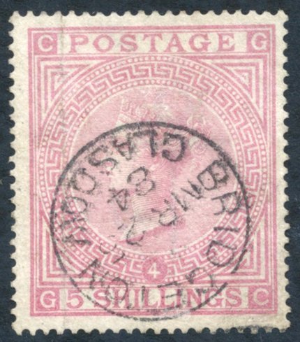 1867-83 Wmk Anchor 5s Rose Pl.4 GC, Superb U With Brigeton, Glasgow C.d.s. For Mr.25.84, SG.134. - Other & Unclassified