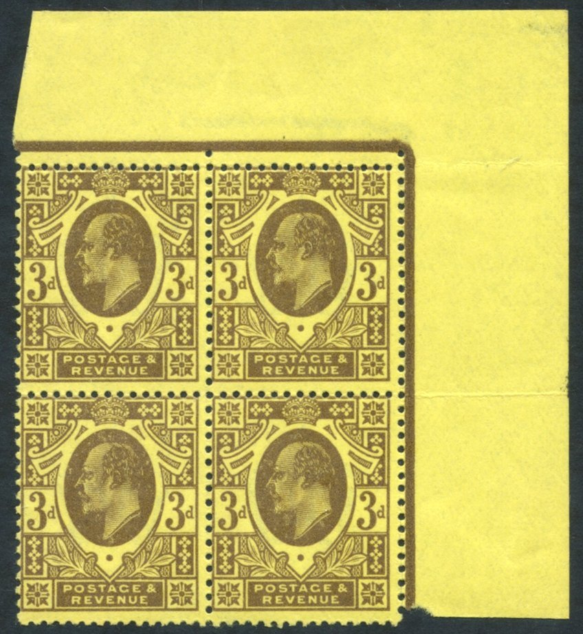 1911 Harrison P.15 X 14 3d Purple/lemon Upper Right UM Corner Marginal Block Of Four, SG.285. (4) Cat. £280 - Other & Unclassified