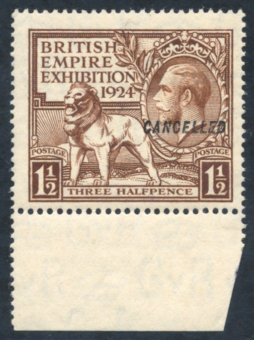1924 Wembley Exhibition 1½d Brown Optd CANCELLED Type 28 Lower Marginal UM Example. Spec.NCom2v. (1) Cat. £1100 - Altri & Non Classificati