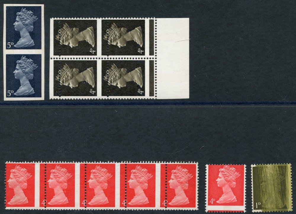 1967-90 £sd Machins UM Range Of Errors Comprising 1d Inking Flaw, 4d Sepia Lower Marginal Block Of Four Showing Perforat - Other & Unclassified
