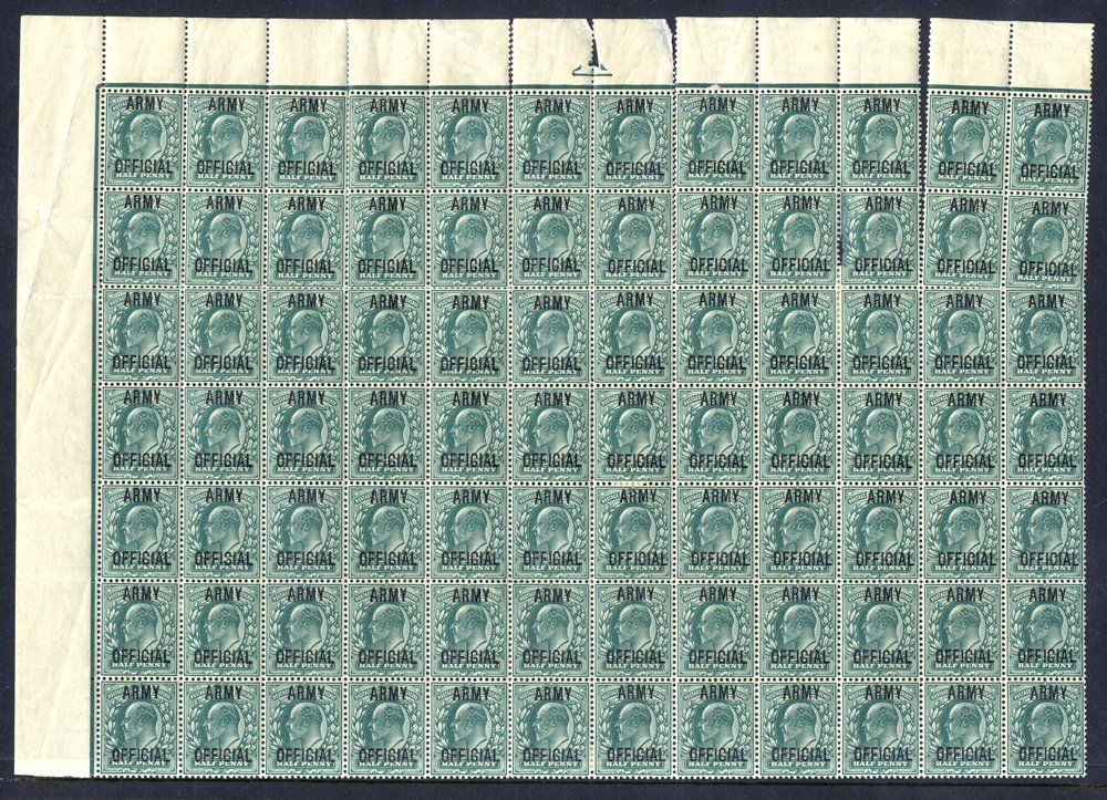 ARMY OFFICIAL 1902-03 ½d Blue Green UM Upper Left Corner Marginal Block Of Eighty-four, Some Creasing & Four Stamps With - Other & Unclassified