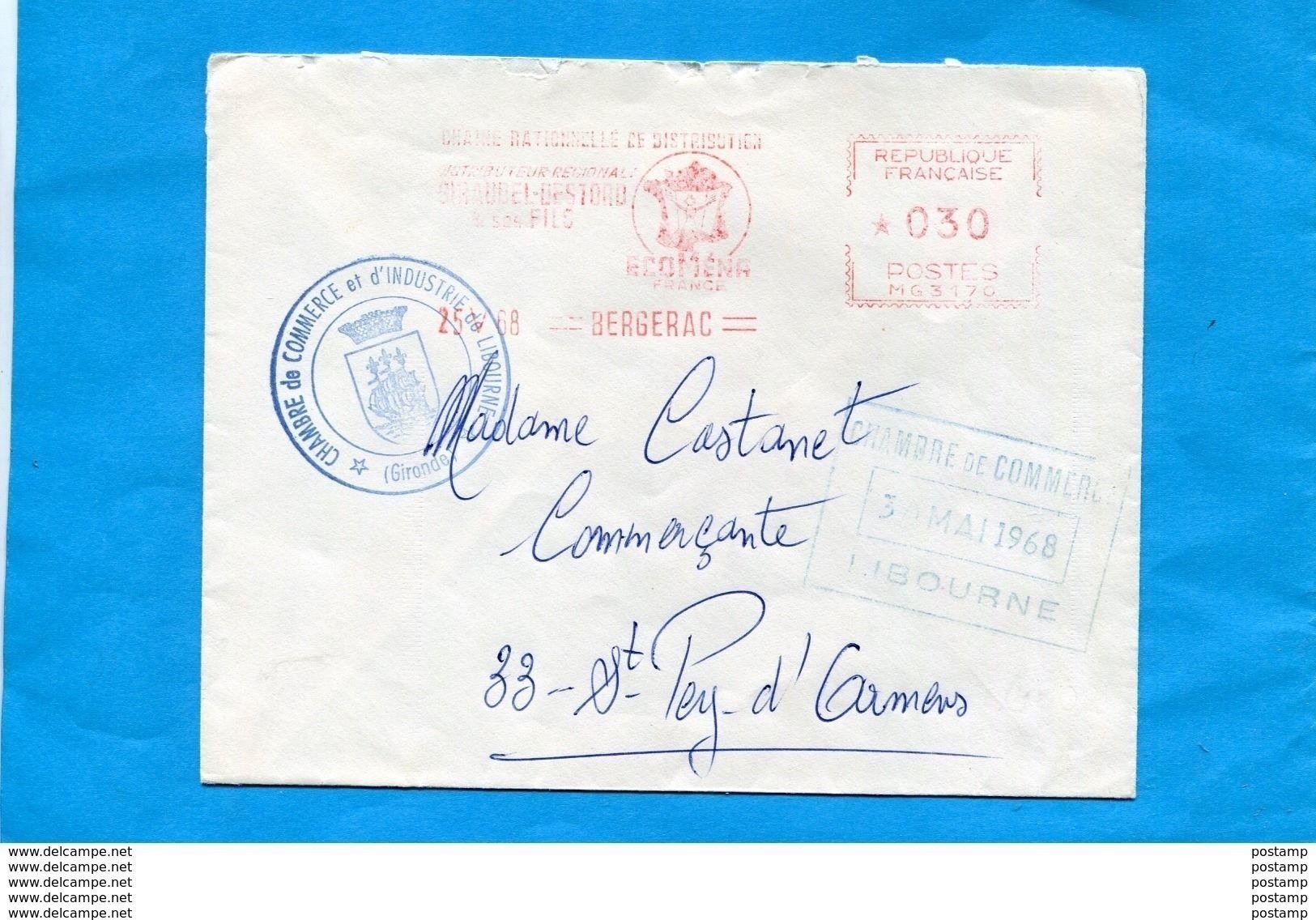 MARCOPHILIE-Lettre Commerciale GREVE 1968-cad EMA-25 Mai BERGERAC-distribuée Chambre Commerce LIBOURNE - Documenten