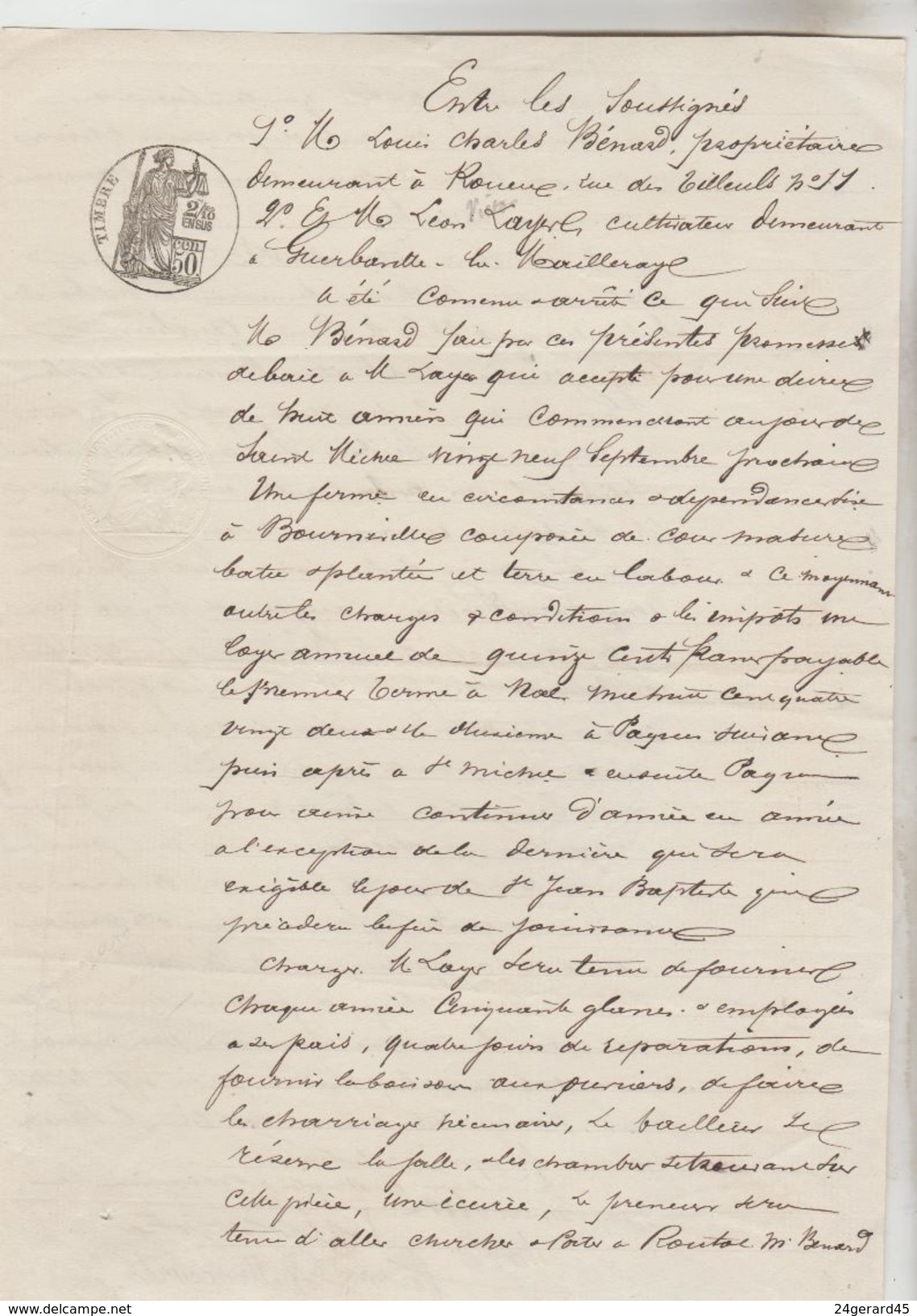 2 DOCUMENTS NOTARIAUX AVEC CACHETS FISCAUX 50 CENTS ET 50 CENTS + 2/10ème (60 CENTS) DU 13/03/1881 ET 2/05/1868 - Cachets Généralité