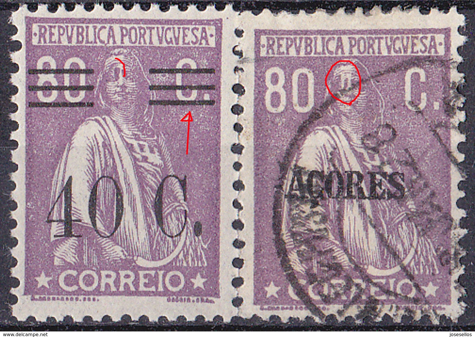 PORTUGAL  1928  80C Ceres- Clear Bars Error XI + Similar N/C Cliche At Açores One-MNH/VFU No Faults - Nuevos