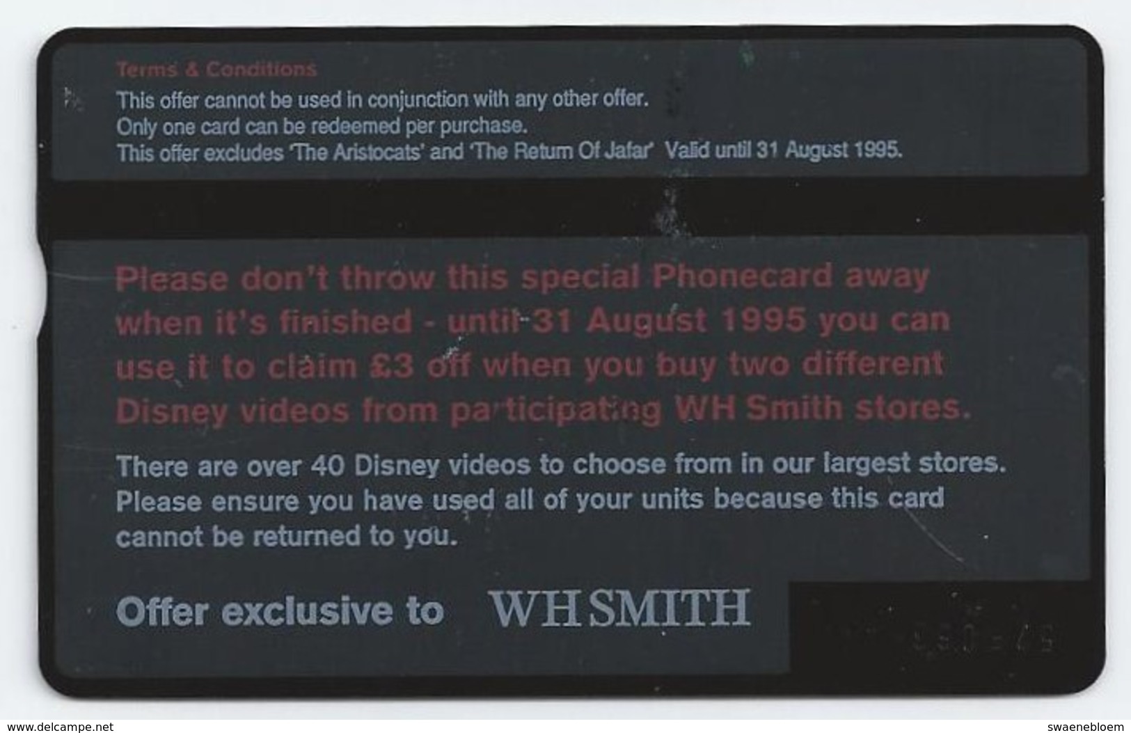 GB.- PhoneCard BT. WALT DISNEY CLASSICS PINOCCHIO. Avalable To Own On Video 24th May 1995. WH SMITH. 2 Scans - Other & Unclassified