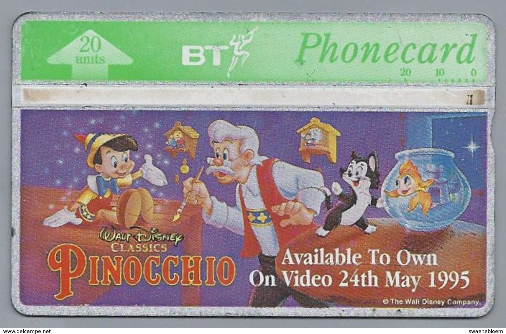 GB.- PhoneCard BT. WALT DISNEY CLASSICS PINOCCHIO. Avalable To Own On Video 24th May 1995. WH SMITH. 2 Scans - Sonstige & Ohne Zuordnung