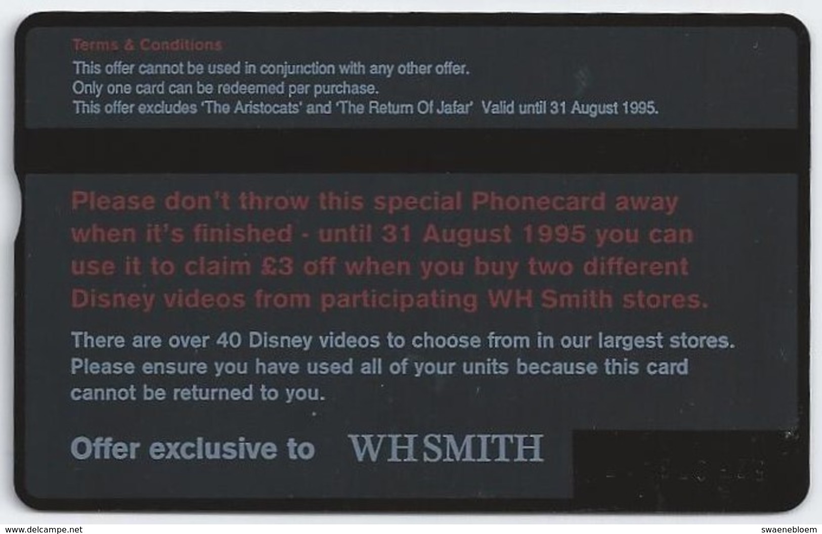 GB.- PhoneCard BT. WALT DISNEY CLASSICS PINOCCHIO. Avalable To Own On Video 24th May 1995. WH SMITH. 2 Scans - Sonstige & Ohne Zuordnung