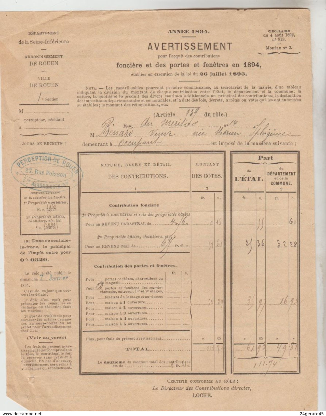 2 DOCUMENTS FISCAUX IMPÖTS LOCAUX 1894 DE ROUEN : Contribution Personnelle Mobilière Et Foncière Des Portes Et Fenêtres - Gebührenstempel, Impoststempel