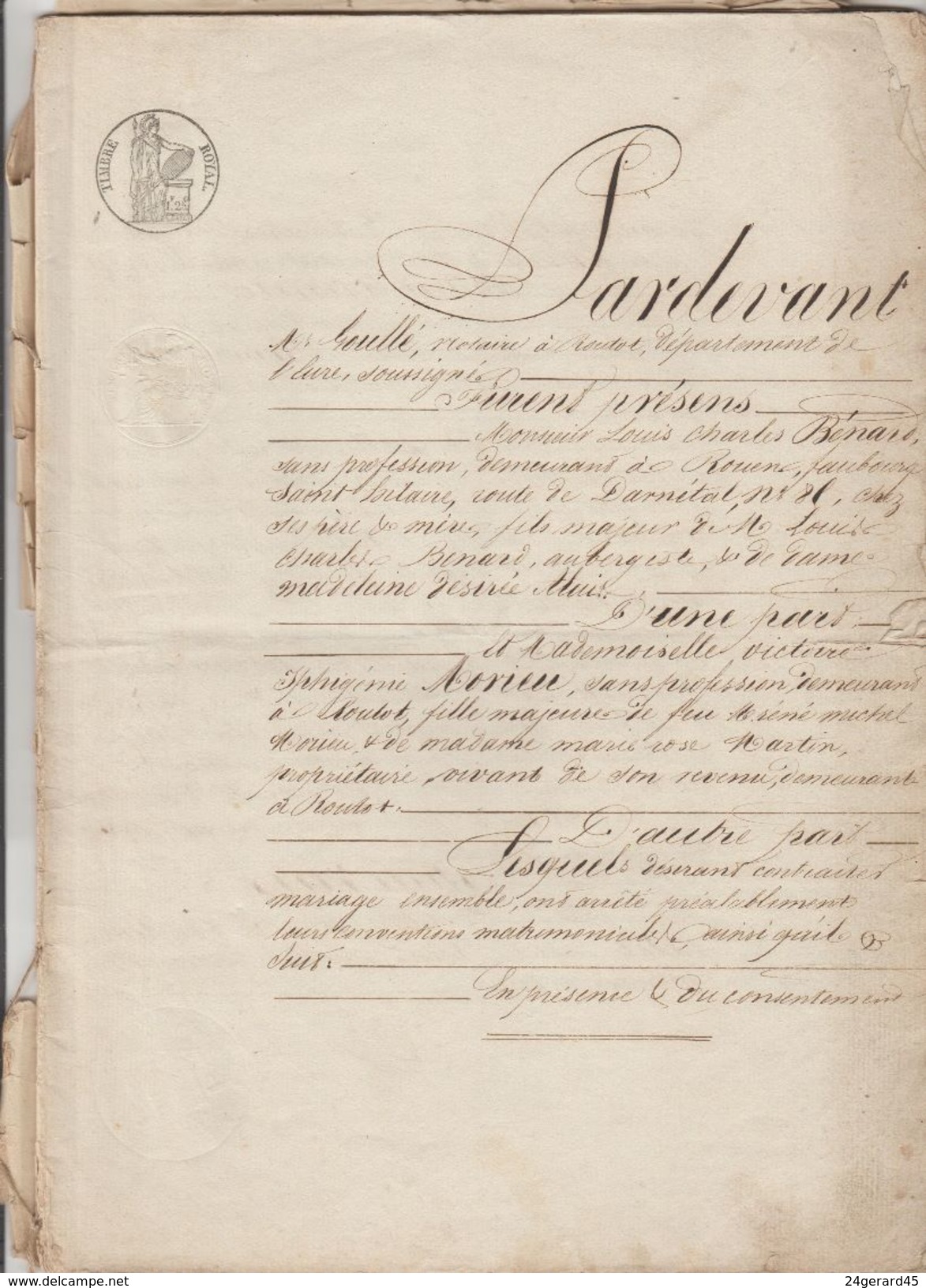 DOSSIER NOTARIAL DE MARIAGE AVEC 4 CACHETS FISCAUX ROYAUX 1,25 F POUR PAGES DOUBLES DU 3/06/1837 - Gebührenstempel, Impoststempel