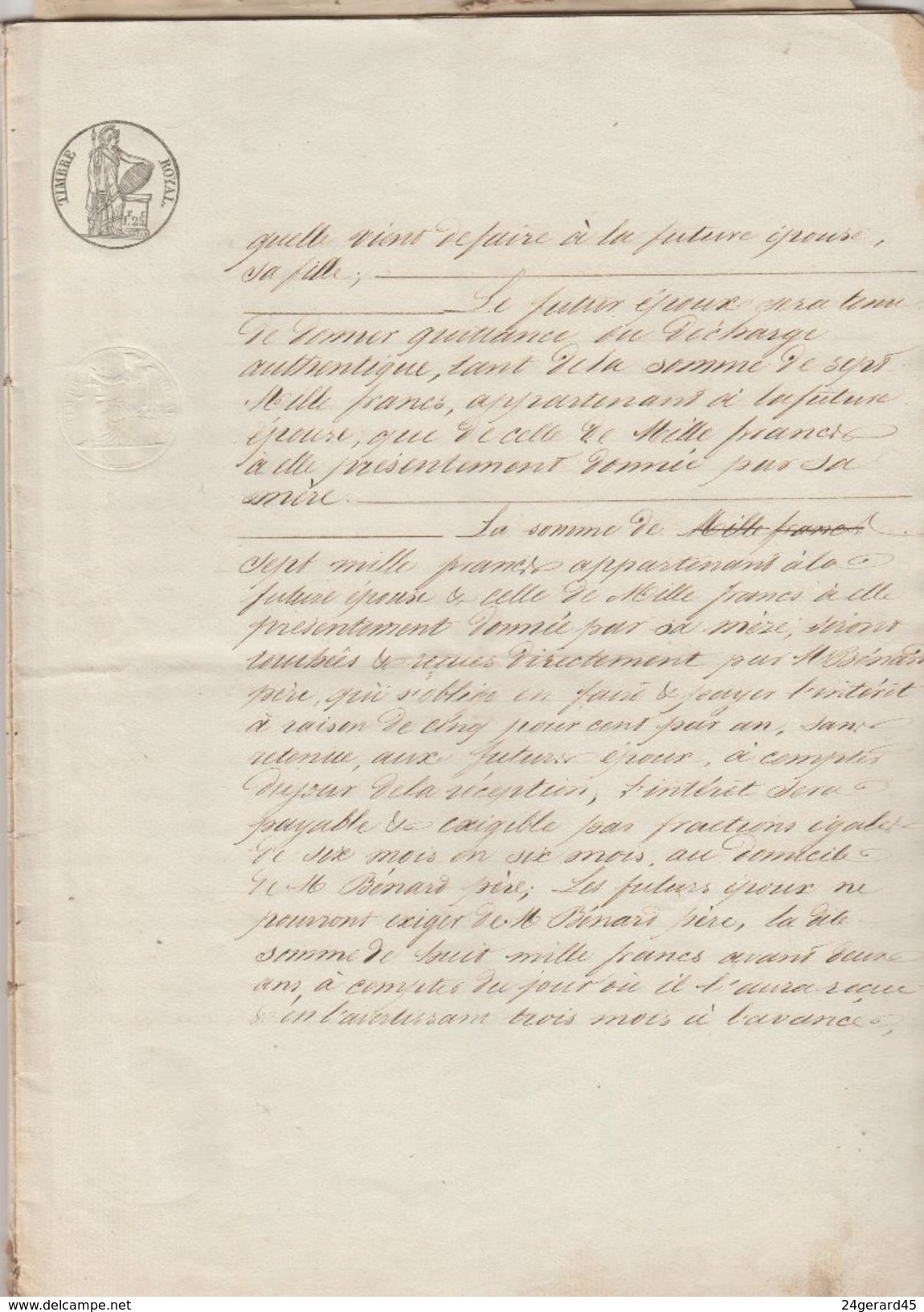 DOSSIER NOTARIAL DE MARIAGE AVEC 4 CACHETS FISCAUX ROYAUX 1,25 F POUR PAGES DOUBLES DU 3/06/1837 - Algemene Zegels