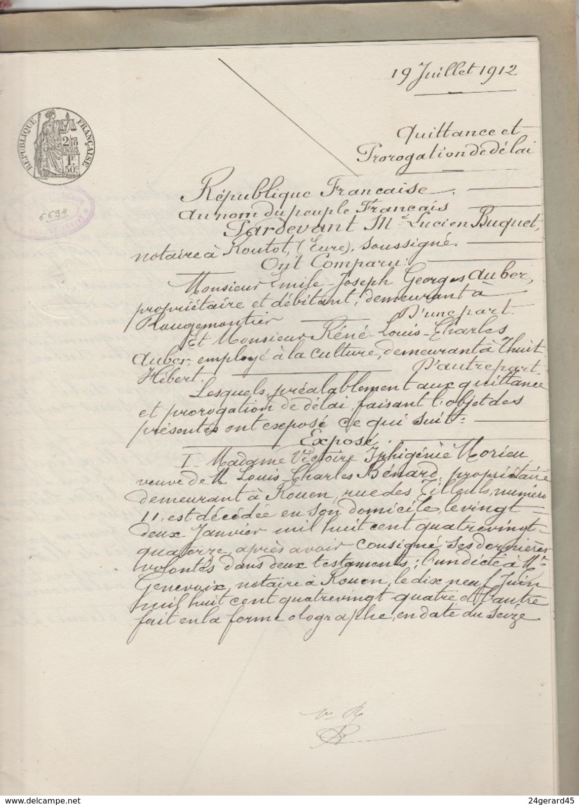 DOSSIER NOTARIAL DE QUITTANCE AVEC 2 CACHETS FISCAUX 1,50 F + 2/10ème POUR PAGE DOUBLE DU 19/07/1912 - Gebührenstempel, Impoststempel