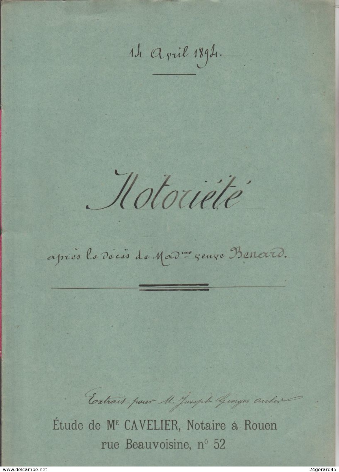 DOSSIER NOTARIAL AVEC CACHET FISCAL 1,50 F + 2/10ème POUR PAGE DOUBLE DU 14/04/1894 Maitre CAVELIER Rouen - Gebührenstempel, Impoststempel