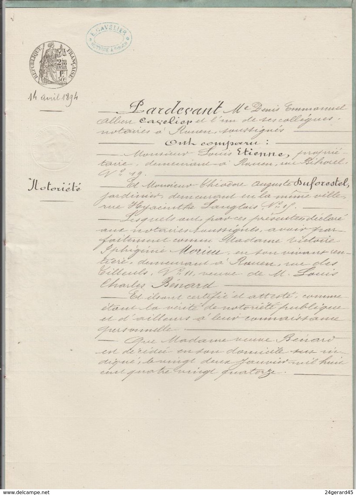 DOSSIER NOTARIAL AVEC CACHET FISCAL 1,50 F + 2/10ème POUR PAGE DOUBLE DU 14/04/1894 Maitre CAVELIER Rouen - Algemene Zegels