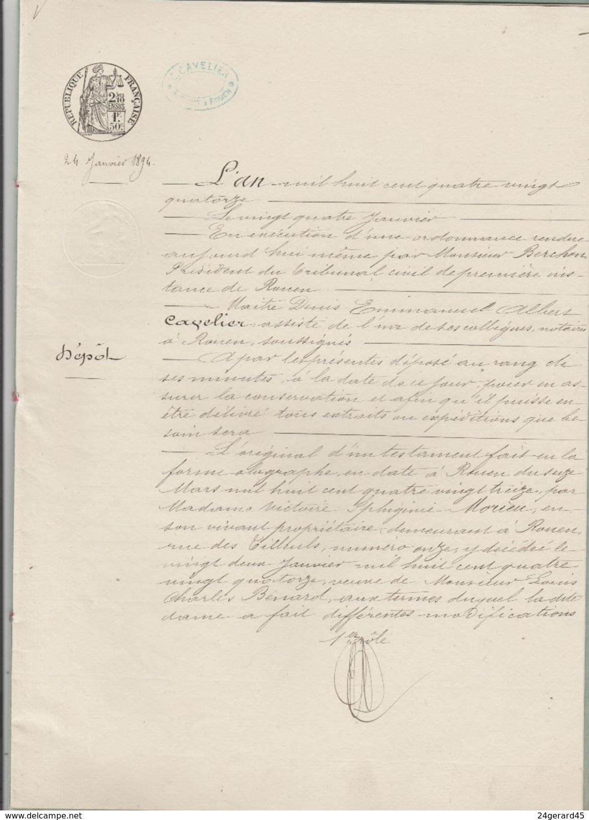 DOSSIER NOTARIAL TESTAMENT 2 CACHETS FISCAUX 1,50 F + 2/10ème POUR PAGE DOUBLE 24/01/1894 Maitre CAVELIER Rouen - Gebührenstempel, Impoststempel