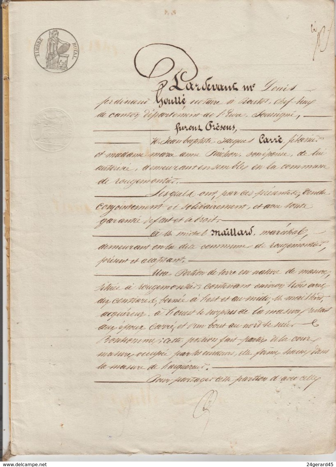 DOSSIER NOTARIAL VENTE 2 CACHETS FISCAUX ROYAUX 1,25 F POUR PAGE DOUBLE 13/05/1845 Maitre GOULLE Routot - Matasellos Generales