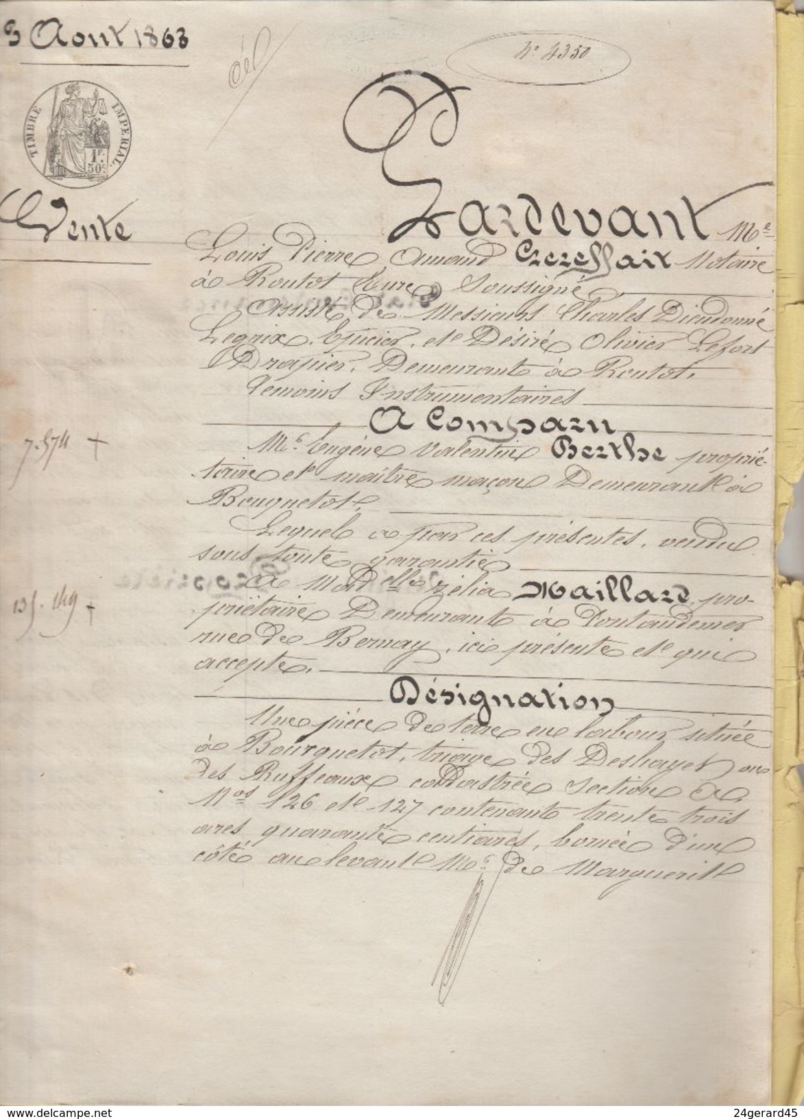 DOSSIER NOTARIAL VENTE 5 CACHETS FISCAUX IMPERIAUX 3X1,50 F POUR PAGE DOUBLE 6/08/1868 Maitre LEREFFAIT Routot + .... - Gebührenstempel, Impoststempel