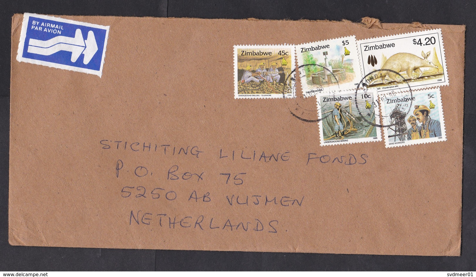 Zimbabwe: Airmail Cover To Netherlands, 1998, 5 Stamps, Animal, Toposcope, Mining, Air Label (roughly Opened) - Zimbabwe (1980-...)