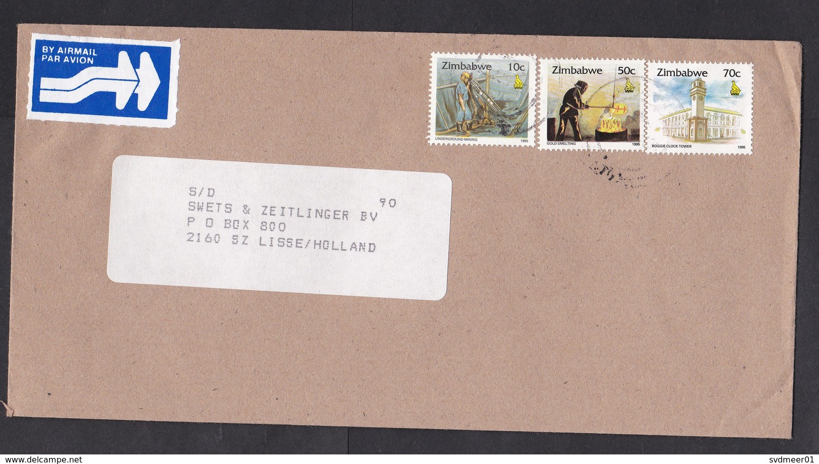 Zimbabwe: Airmail Cover To Netherlands, 1997, 3 Stamps, Mining, Drill, Gold Mine Industry, Clock Tower (traces Of Use) - Zimbabwe (1980-...)