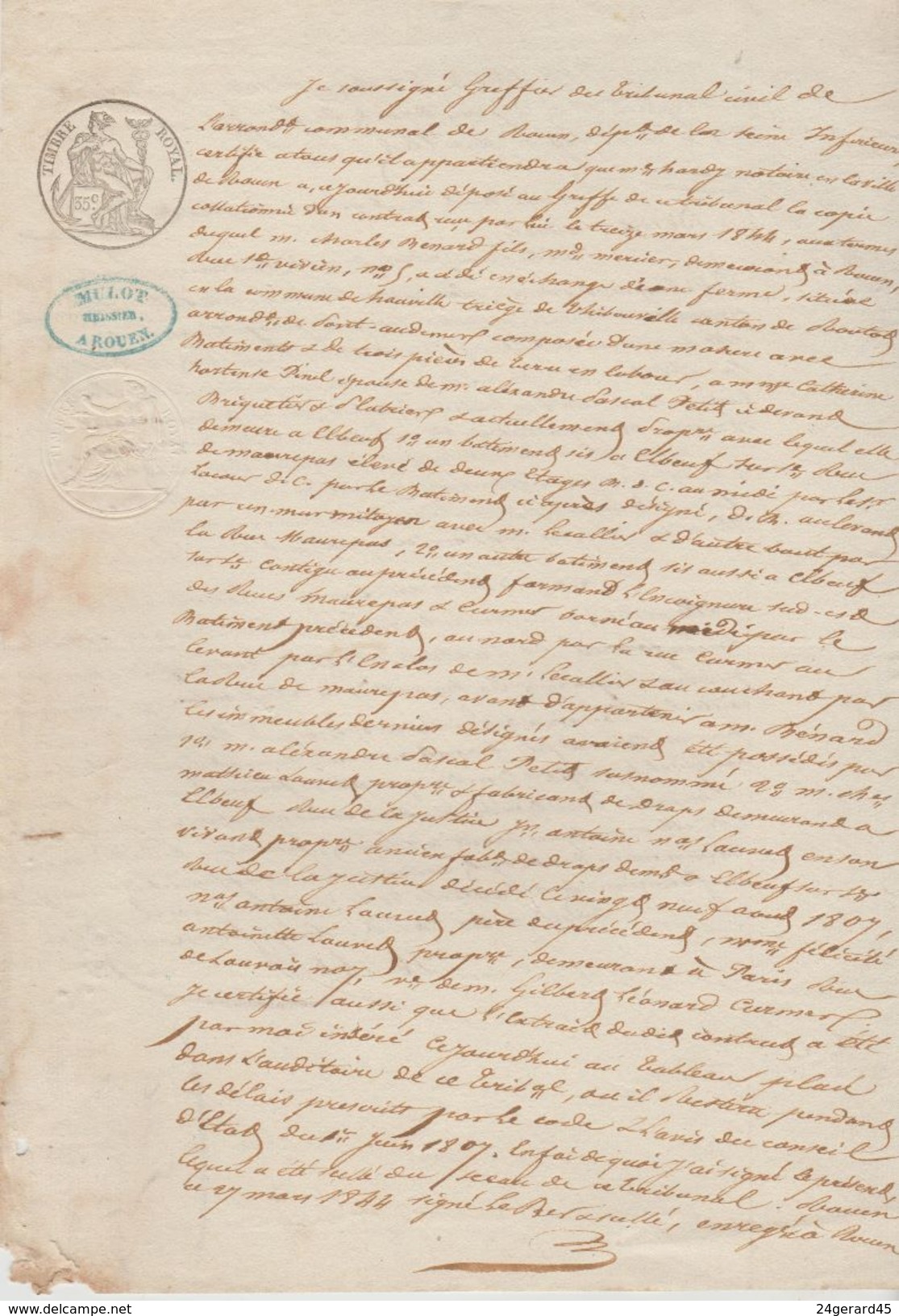 2 DOCUMENTS NOTARIAUX  2 CACHETS FISCAUX ROYAUX 35 Cents Petit Format ET 70 Cents PAGE DOUBLE 7/01/1847 - Seals Of Generality