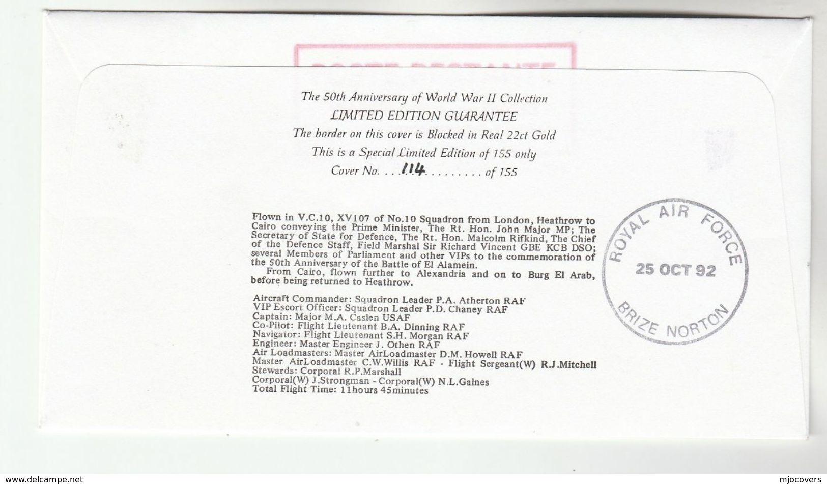 1992 Very Ltd Edn EL ALAMEIN ANNIV FLIGHT COVER - CARRYING The PM & SIGNED CHIEF DEFENCE Flown GB To DUBAI Wwii Aviation - WW2