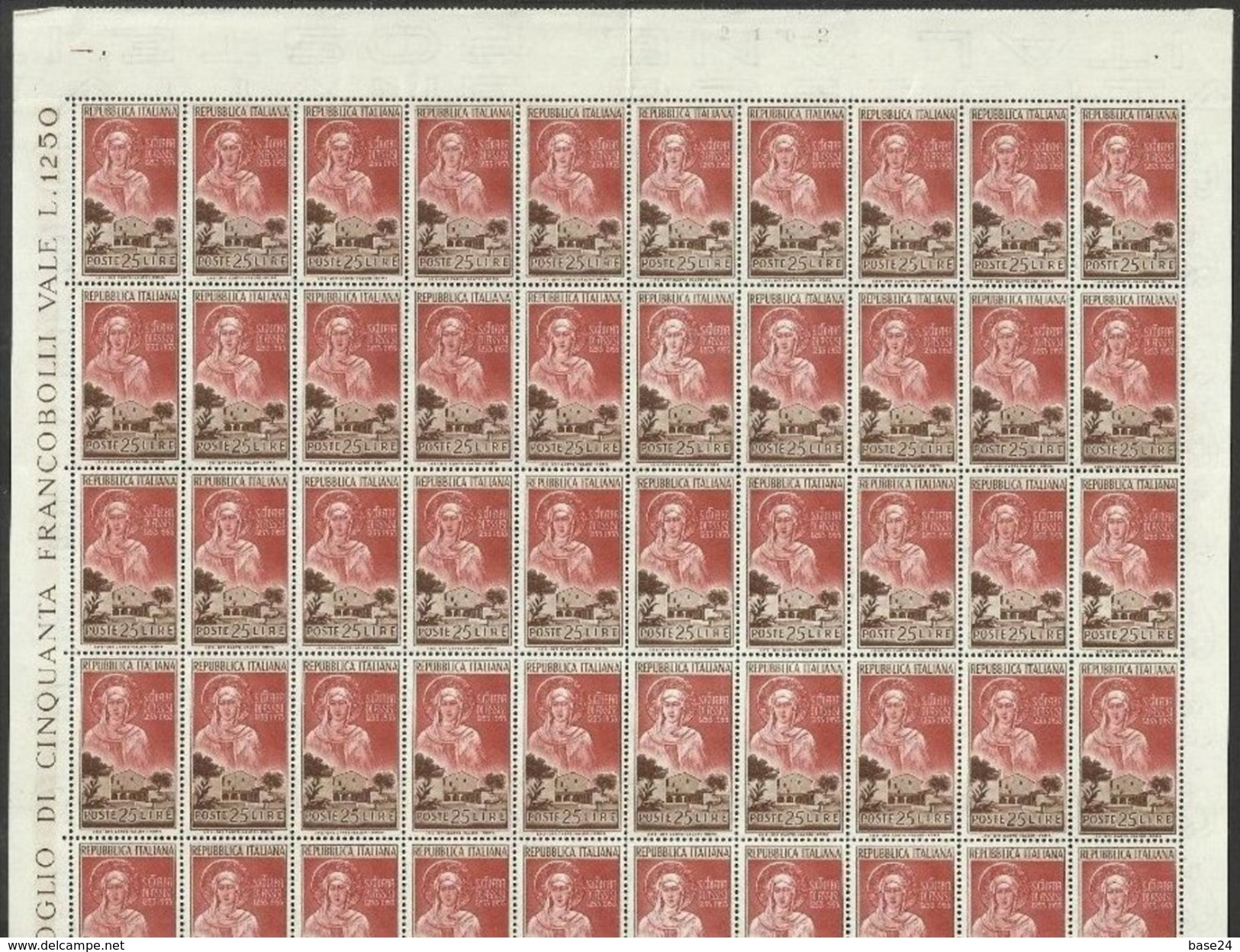 1953 Italia Italy Repubblica SANTA CHIARA  100 Serie In Doppio Foglio MNH** Con Interspazi Double Sheet - Feuilles Complètes