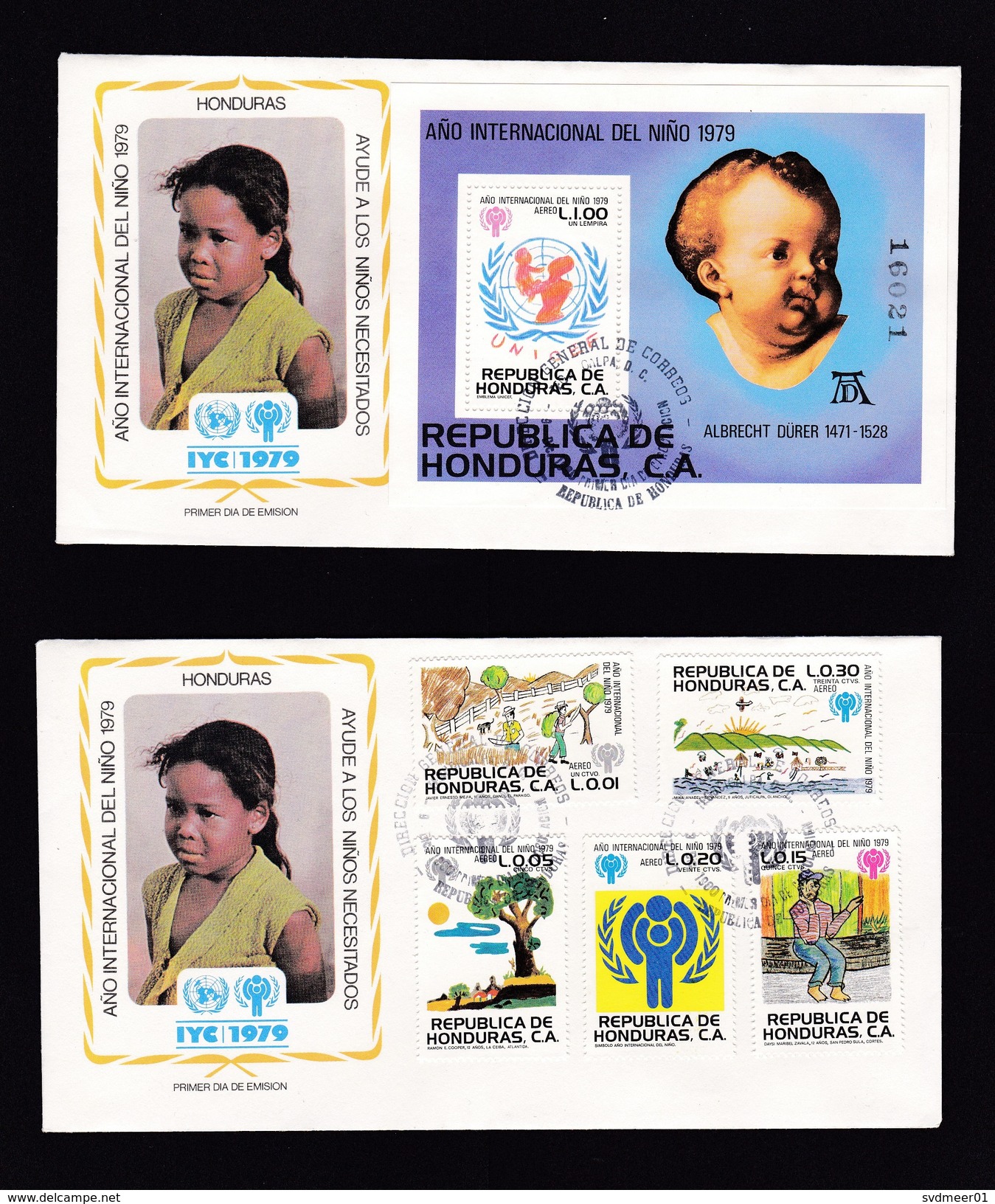 Honduras: 2x FDC First Day Cover, 1979, 5 Stamps, Souvenir Sheet, Year Of Child, Painting Dürer (white Tape At Back) - Honduras