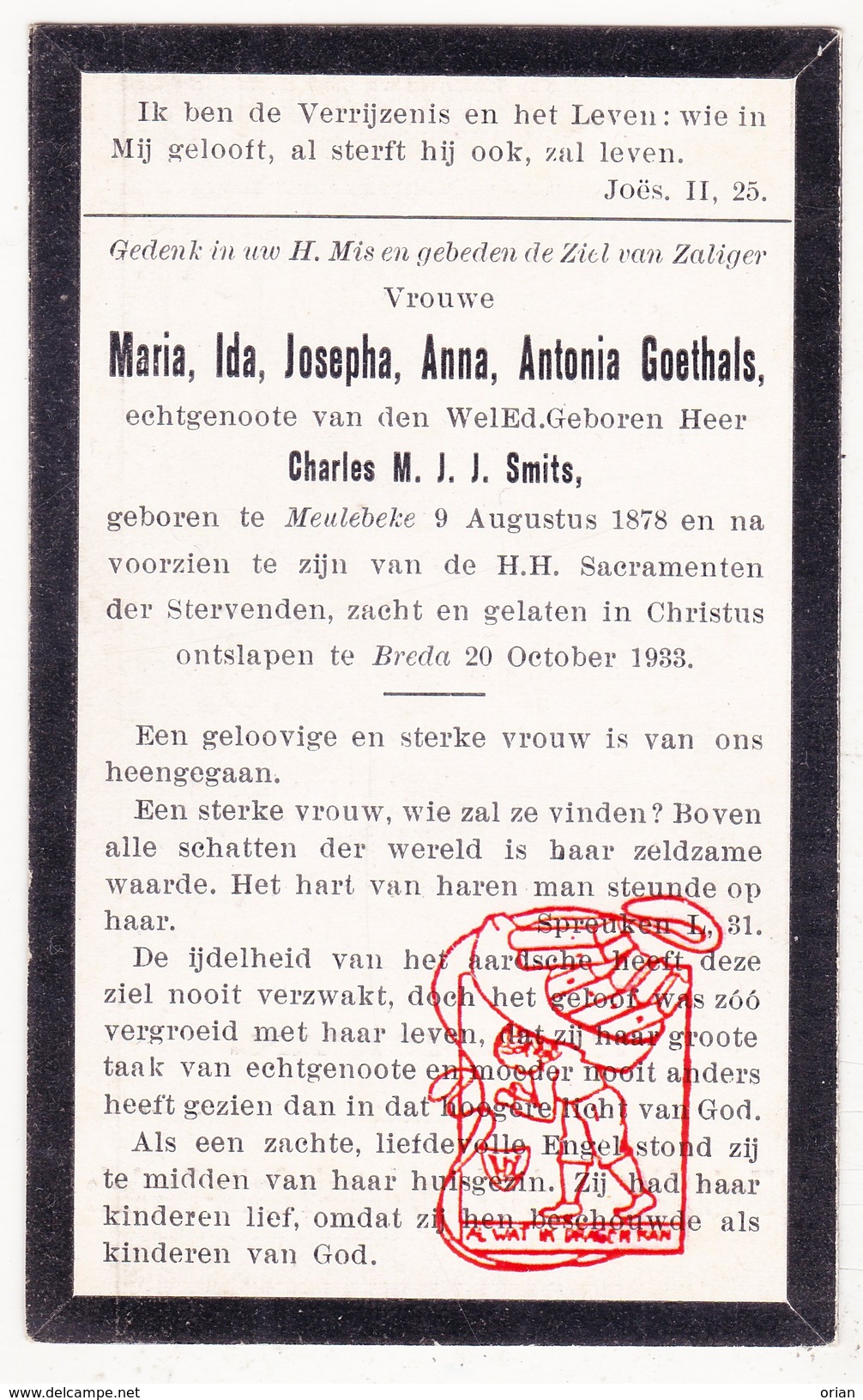 DP Adel Noblesse Maria Ida J. Goethals ° Meulebeke BE 1878 † Breda NL NB 1933 X Charles Marie Jean Smits - Images Religieuses