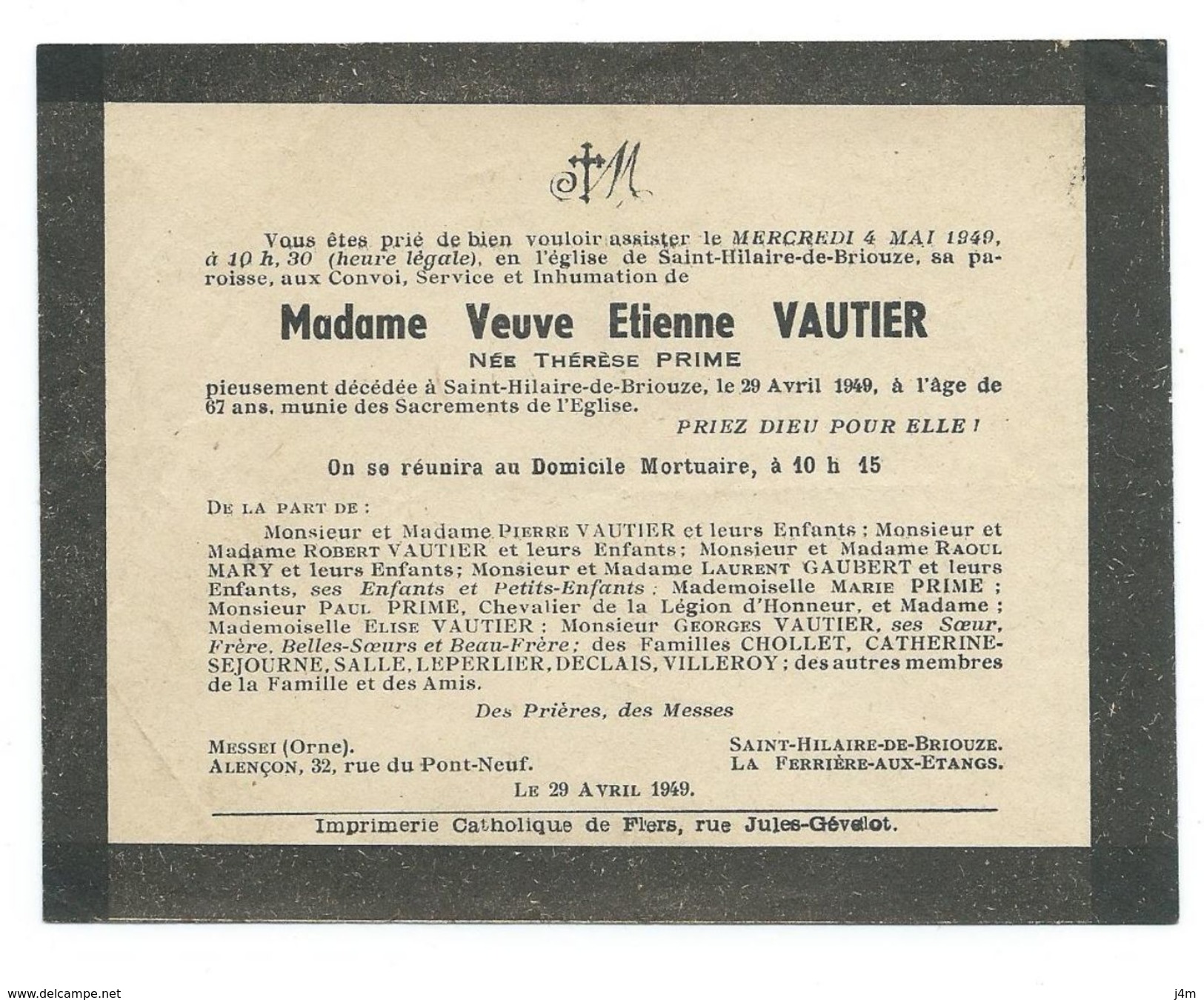 FAIRE-PART AVIS De DECES MEMENTO..Vve VAUTIER Née Thérèse PRIME Décédée à SAINT HILAIRE De BRIOUZE (61) En 1949 à 67 Ans - Décès