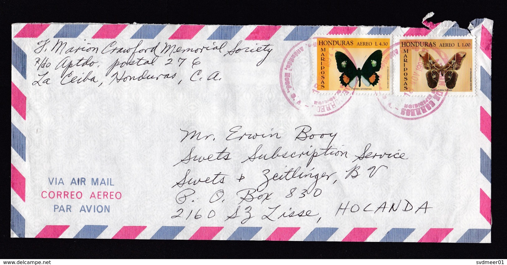 Honduras: Airmail Cover To Netherlands, 1997, 2 Stamps, Butterfly, Insect, Rare Real Use! (roughly Opened) - Honduras