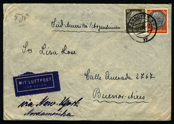 GERMANY: Airmail Cover Sent From Hannover To Argentina On 8/DE/1939, Franked With 1 - Andere & Zonder Classificatie