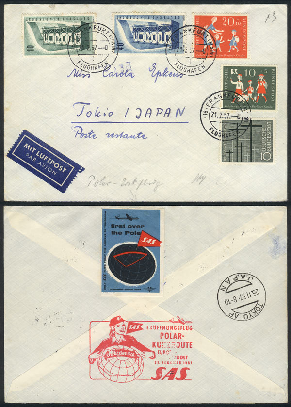 WEST GERMANY: 24/FE/1957: First S.A.S. Flight Scandinavia-Tokyo (Japan) Via The Nor - Lettres & Documents