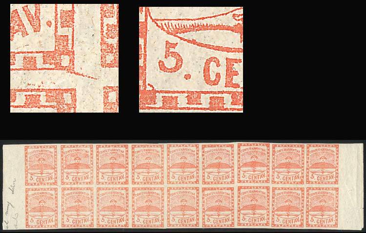 ARGENTINA: GJ.1a, 5c. Small Figues, Dull Red, Double Strip With The 9 Types Includi - Neufs