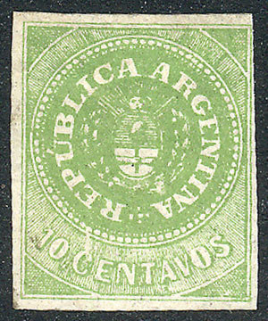 ARGENTINA: GJ.8, 10c. With Accent, Yellow-green, Beautiful Example, Mint Part Origi - Unused Stamps