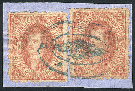 ARGENTINA: GJ.20, Fragment With 2 Examples From 3rd Printing With Blue Rococo Cance - Gebruikt