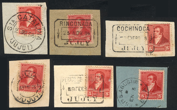 ARGENTINA: GJ.142, 6 Fragments With Good Cancels Of Jujuy: Sta. Catalina, Rinconada - Autres & Non Classés