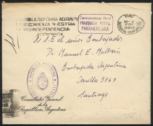 CHILE: Cover Of The Consulate Of Argentina In Valparaiso Sent Stampless To Santiago - Chili