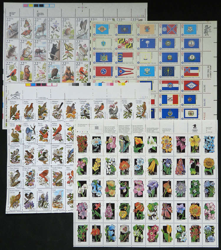 UNITED STATES: 4 Sheets Of 50 Values Each, Very Thematic: Flags, Birds, Animals, Fl - Other & Unclassified