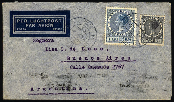 NETHERLANDS: Airmail Cover Sent From Rotterdam To Argentina On 23/OC/1939 Franked W - Autres & Non Classés