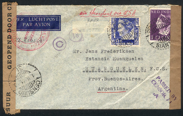 NETHERLANS INDIES: Airmail Cover Sent From PEMANG SIANTAR To Argentina On 31/OC/194 - Nederlands-Indië