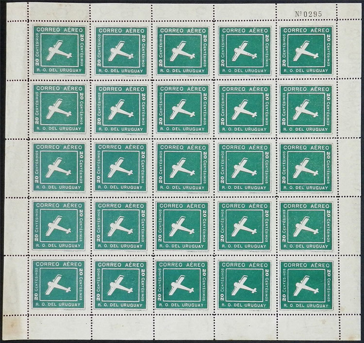 URUGUAY: Sc.C6, 1924 20c. Green, Complete Sheet Of 25 Examples, Very Fine Quality, - Uruguay