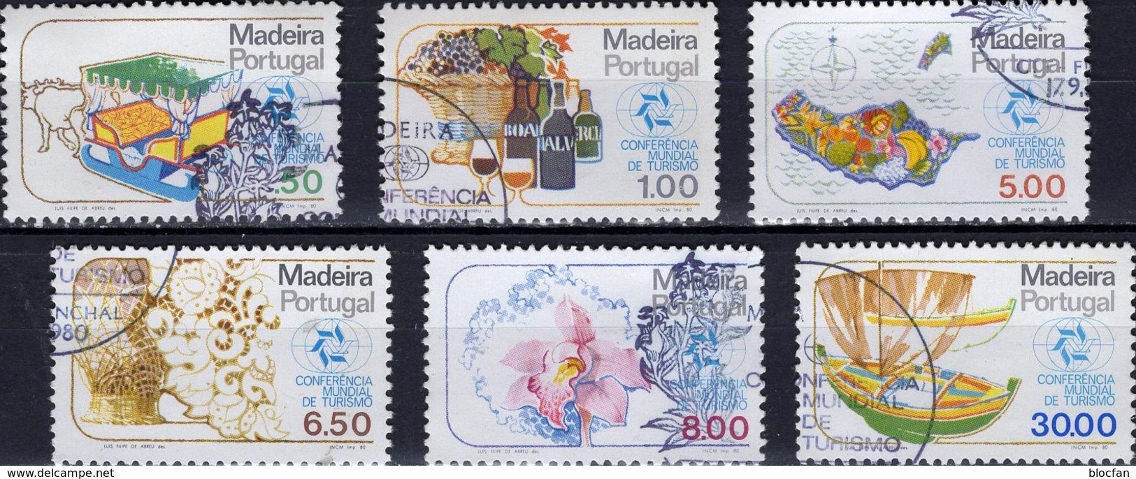 Urlaub 1980 Madeira 64/9 O 4€ Korbschlitten Trauben Wein Spitze Orchidee Boot Konferenz Manila Ship Set Of Portugal - Funchal