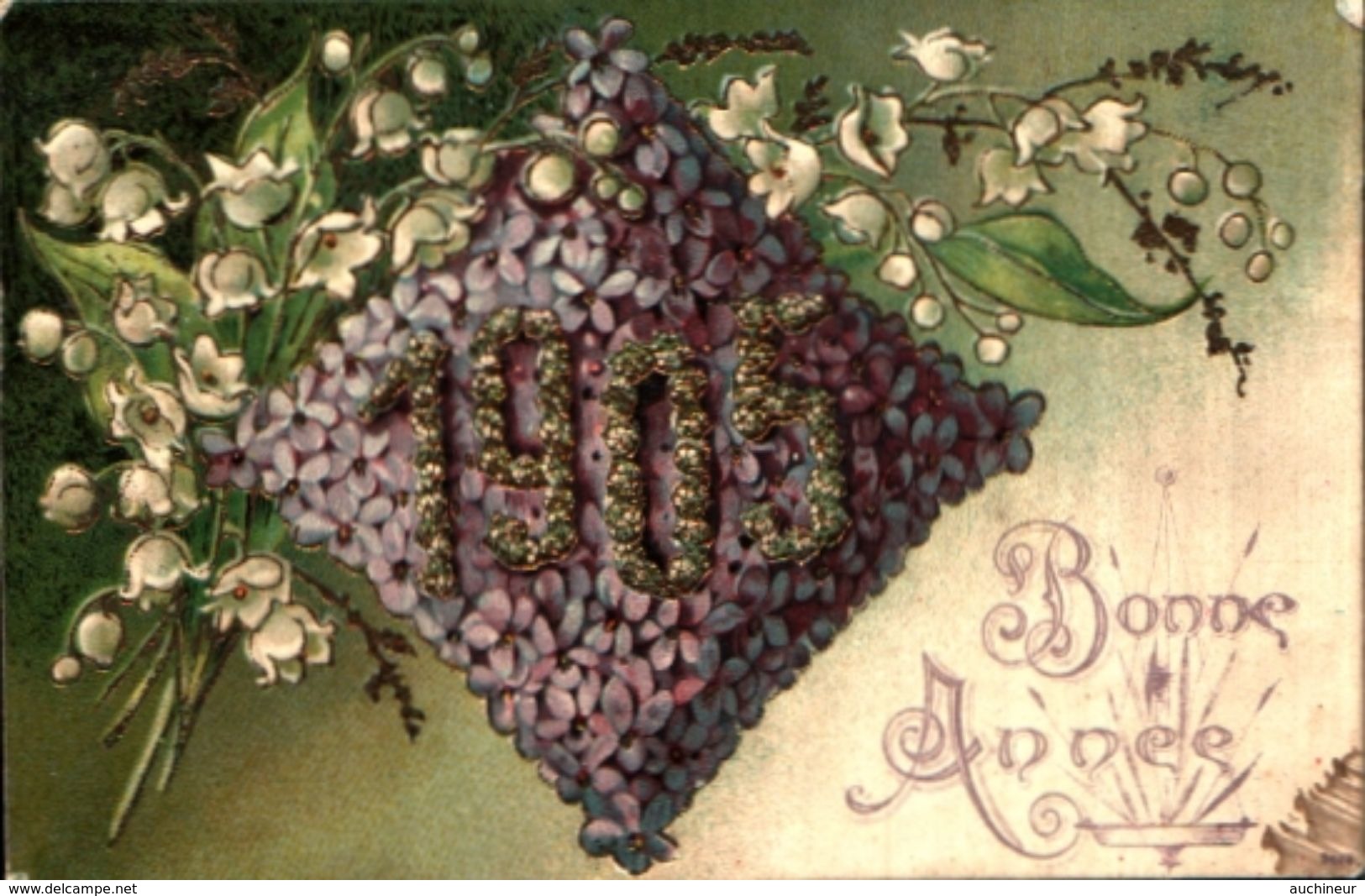 Année Date Millesime - 1905 - Chiffre Doré Sur Coussin Violette Et Muguet, Gaufré Embossed - New Year