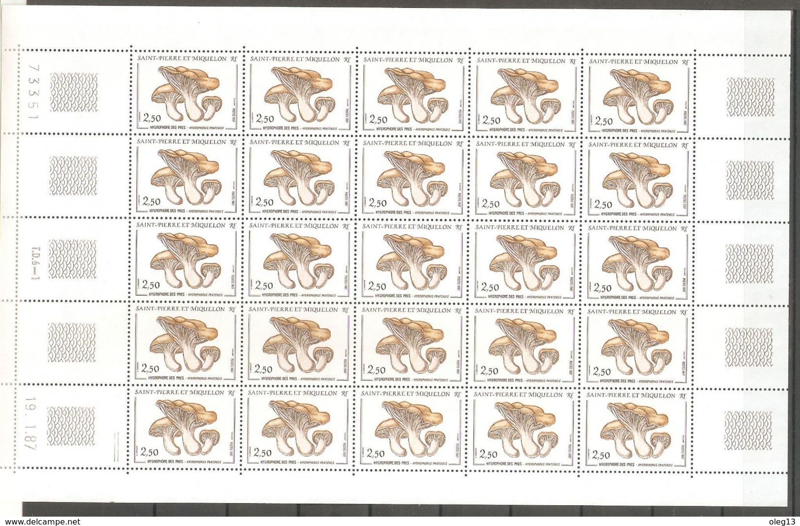 1987 St.Pierre & Miquelon. Mushrooms. Full Sheet (5x5) ** - Unused Stamps