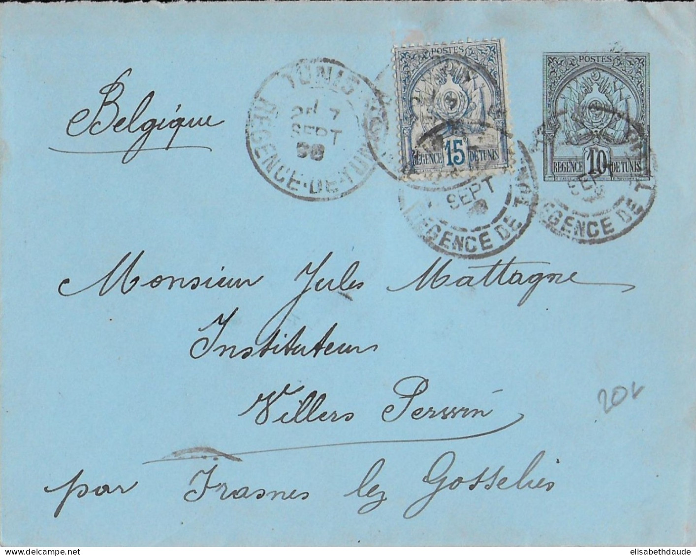 1898 - TUNISIE - ENVELOPPE ENTIER POSTAL De TUNIS => FRASNES LEZ GOSSELIES (BELGIQUE) - Storia Postale