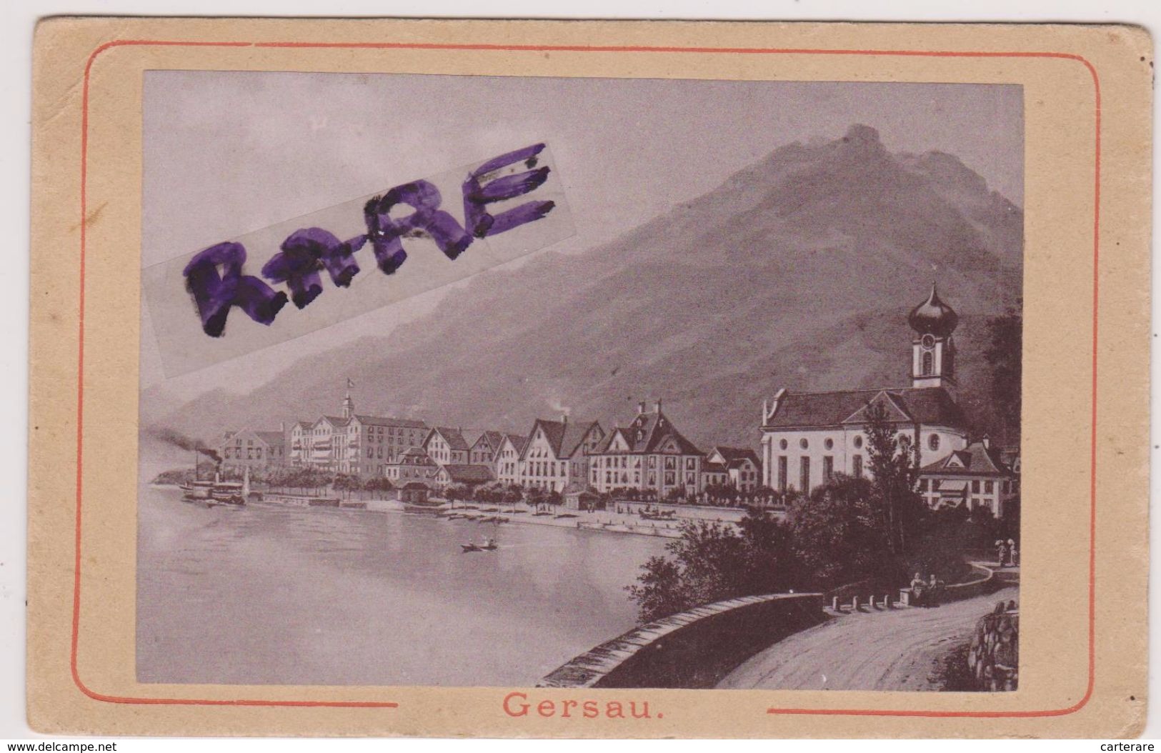 PHOTO ANCIENNE,1880,SUISSE,switzerland,SCHWYZ,GERSAU,LAC DES QUATRE CANTONS,EGLISE,CHEMIN,BATEAU A VAPEUR - Places