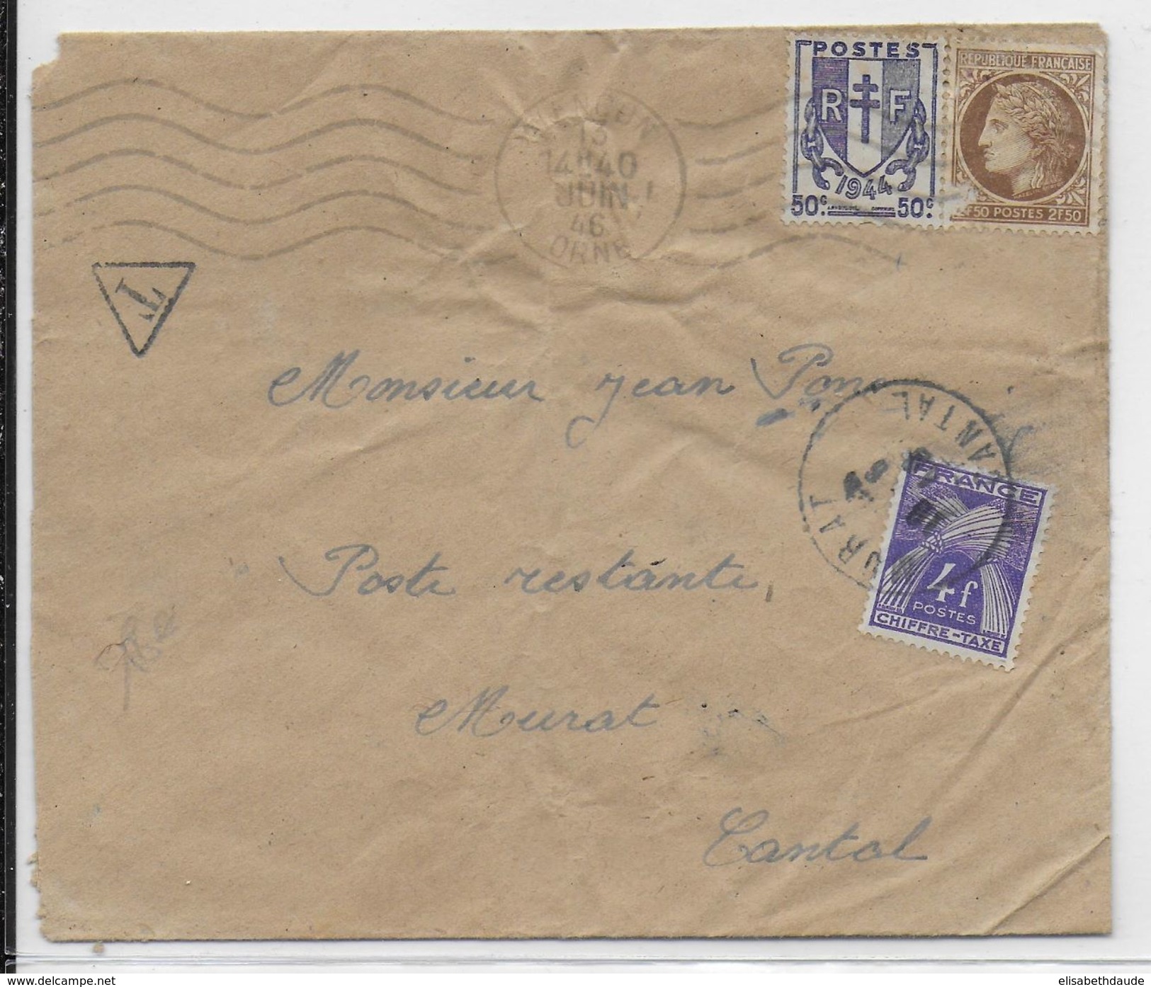 1946 - TAXE - ENVELOPPE De ALENCON (ORNE) => MURAT (CANTAL) POSTE RESTANTE TAXE GERBES - 1859-1959 Covers & Documents